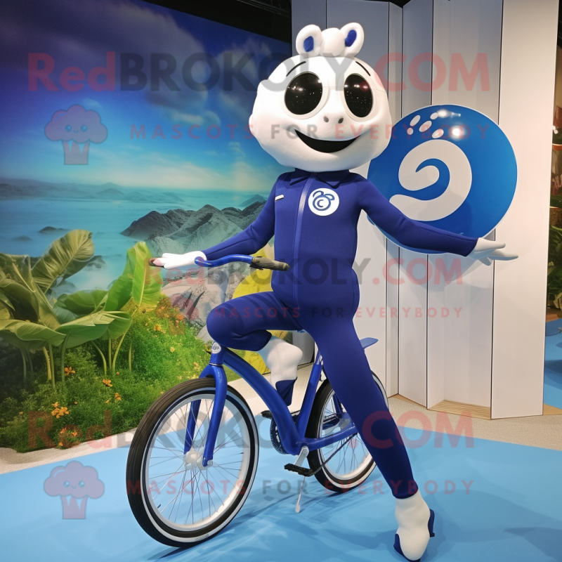 Navy Unicyclist mascot costume character dressed with a One-Piece Swimsuit and Clutch bags Navy Unicyclist mascot costume character dressed with a One-Piece Swimsuit and Clutch bags