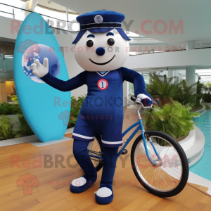 Navy Unicyclist mascot costume character dressed with a One-Piece Swimsuit and Clutch bags