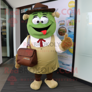 Olive Beef Wellington mascot costume character dressed with a Dress Shirt and Messenger bags