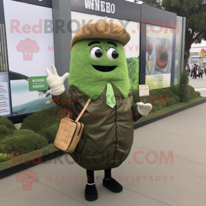 Olive Beef Wellington mascot costume character dressed with a Dress Shirt and Messenger bags