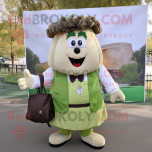 Olive Beef Wellington mascot costume character dressed with a Dress Shirt and Messenger bags
