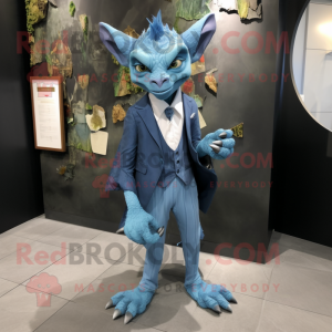 Blue Gargoyle mascot costume character dressed with a Suit and Pocket squares