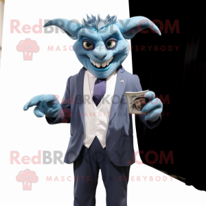 Blue Gargoyle mascot costume character dressed with a Suit and Pocket squares