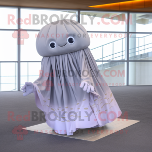 Gray Jellyfish mascot costume character dressed with a Maxi Skirt and Shawl pins