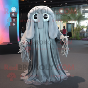 Gray Jellyfish mascot costume character dressed with a Maxi Skirt and Shawl pins
