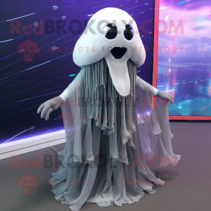 Gray Jellyfish mascot costume character dressed with a Maxi Skirt and Shawl pins