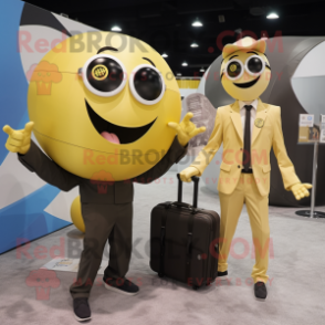 Gold Volleyball Ball mascot costume character dressed with a Suit and Briefcases