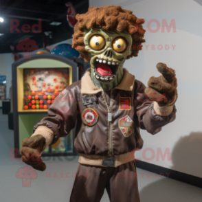 Brown Zombie mascot costume character dressed with a Bomber Jacket and Rings