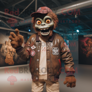 Brown Zombie mascot costume character dressed with a Bomber Jacket and Rings