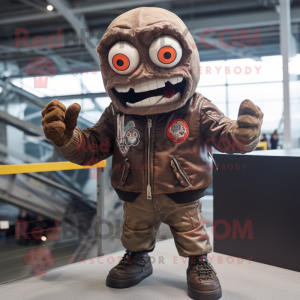 Brown Zombie mascot costume character dressed with a Bomber Jacket and Rings