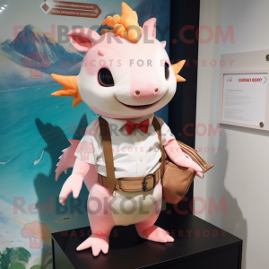 Peach Axolotls mascot costume character dressed with a Oxford Shirt and Bracelets