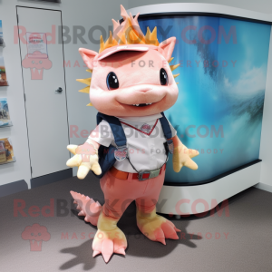 Peach Axolotls mascot costume character dressed with a Oxford Shirt and Bracelets