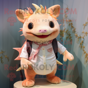 Peach Axolotls mascot costume character dressed with a Oxford Shirt and Bracelets