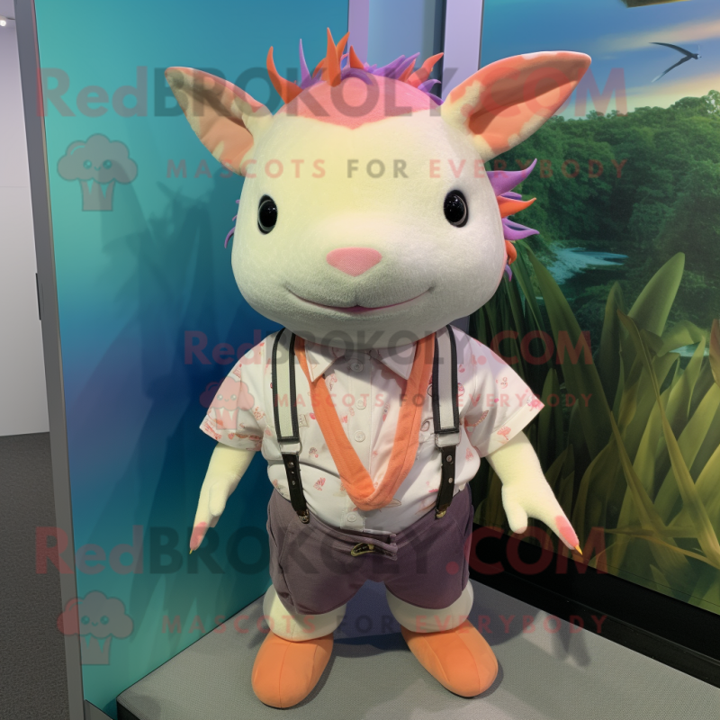 Peach Axolotls mascot costume character dressed with a Oxford Shirt and Bracelets Peach Axolotls mascot costume character dressed with a Oxford Shirt and Bracelets