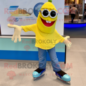 Lemon Yellow Pair Of Ice Skates mascot costume character dressed with a Chambray Shirt and Sunglasses