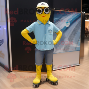 Lemon Yellow Pair Of Ice Skates mascot costume character dressed with a Chambray Shirt and Sunglasses