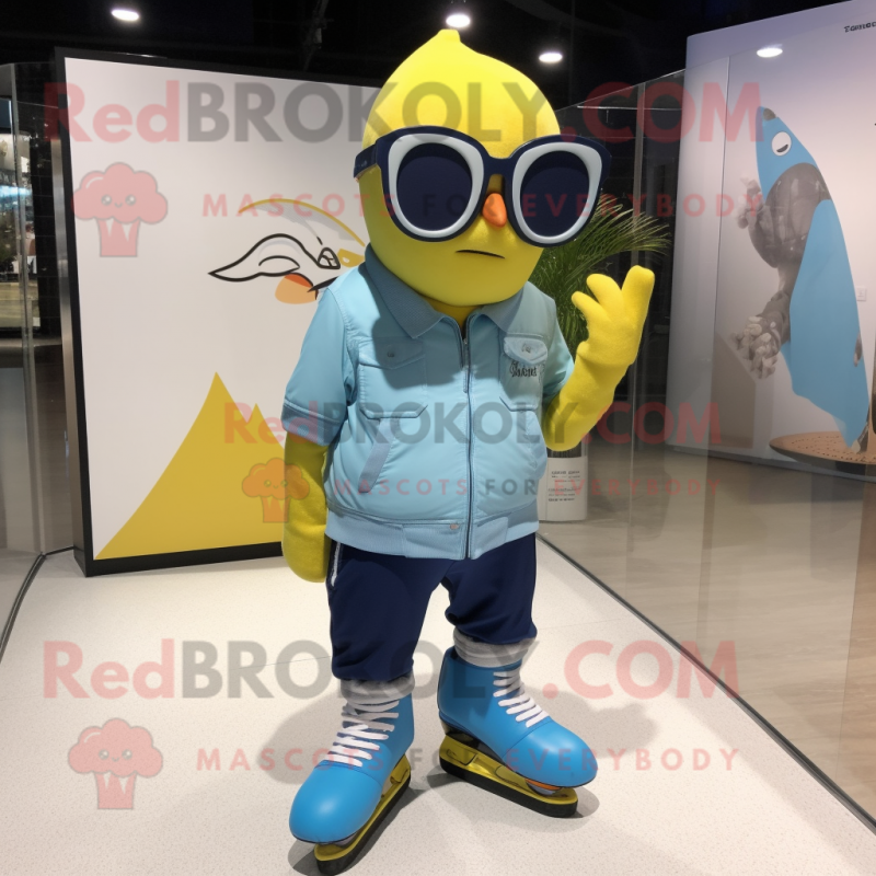 Lemon Yellow Pair Of Ice Skates mascot costume character dressed with a Chambray Shirt and Sunglasses