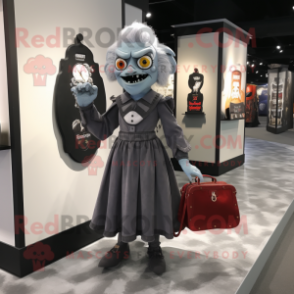 Gray Vampire mascot costume character dressed with a A-Line Dress and Messenger bags