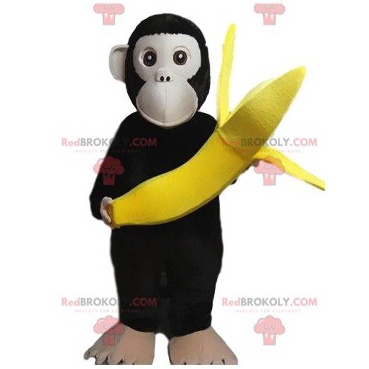 Affenmaskottchen, das ein Bananen-, Pavian-Kostüm trägt -