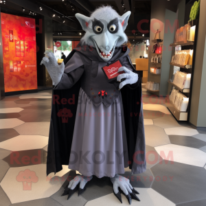 Gray Vampire mascot costume character dressed with a A-Line Dress and Messenger bags