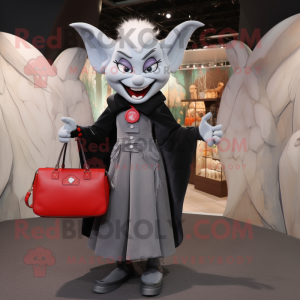 Gray Vampire mascot costume character dressed with a A-Line Dress and Messenger bags