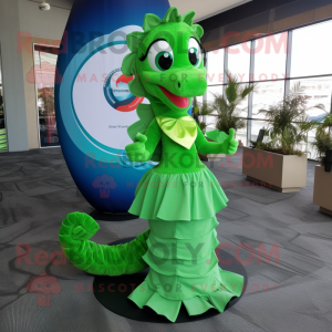 Green Seahorse mascot costume character dressed with a Circle Skirt and Suspenders