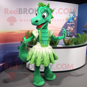 Green Seahorse mascot costume character dressed with a Circle Skirt and Suspenders