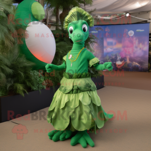 Green Seahorse mascot costume character dressed with a Circle Skirt and Suspenders