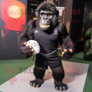 Black Gorilla mascot costume character dressed with a Rugby Shirt and Bracelets