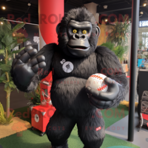 Black Gorilla mascot costume character dressed with a Rugby Shirt and Bracelets