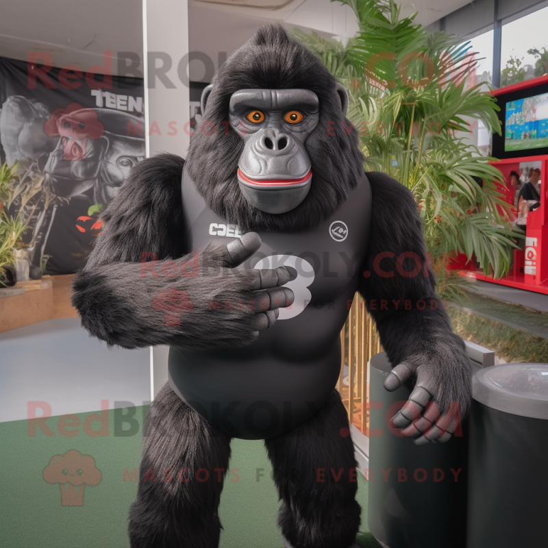 Black Gorilla mascot costume character dressed with a Rugby Shirt and Bracelets