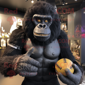 Black Gorilla mascot costume character dressed with a Rugby Shirt and Bracelets