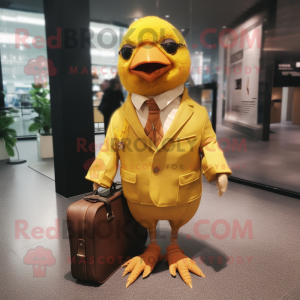 Rust Canary mascot costume character dressed with a Suit Pants and Messenger bags