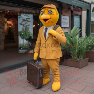 Rust Canary mascot costume character dressed with a Suit Pants and Messenger bags