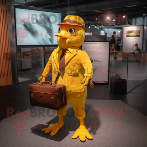 Rust Canary mascot costume character dressed with a Suit Pants and Messenger bags