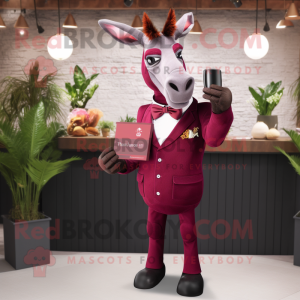 Maroon Donkey mascot costume character dressed with a Cocktail Dress and Pocket squares