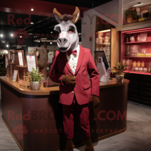 Maroon Donkey mascot costume character dressed with a Cocktail Dress and Pocket squares