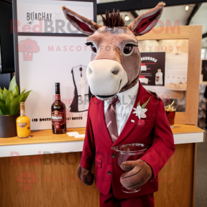 Maroon Donkey mascot costume character dressed with a Cocktail Dress and Pocket squares