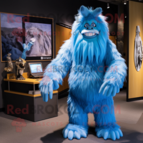 Blue Sasquatch mascot costume character dressed with a Skirt and Keychains