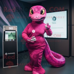 Magenta Titanoboa mascot costume character dressed with a Mini Dress and Digital watches