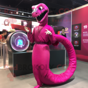 Magenta Titanoboa mascot costume character dressed with a Mini Dress and Digital watches