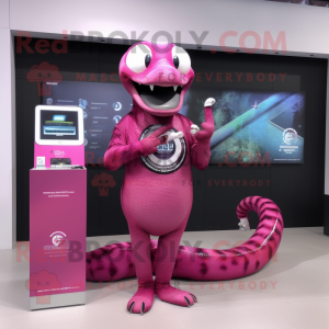 Magenta Titanoboa mascot costume character dressed with a Mini Dress and Digital watches