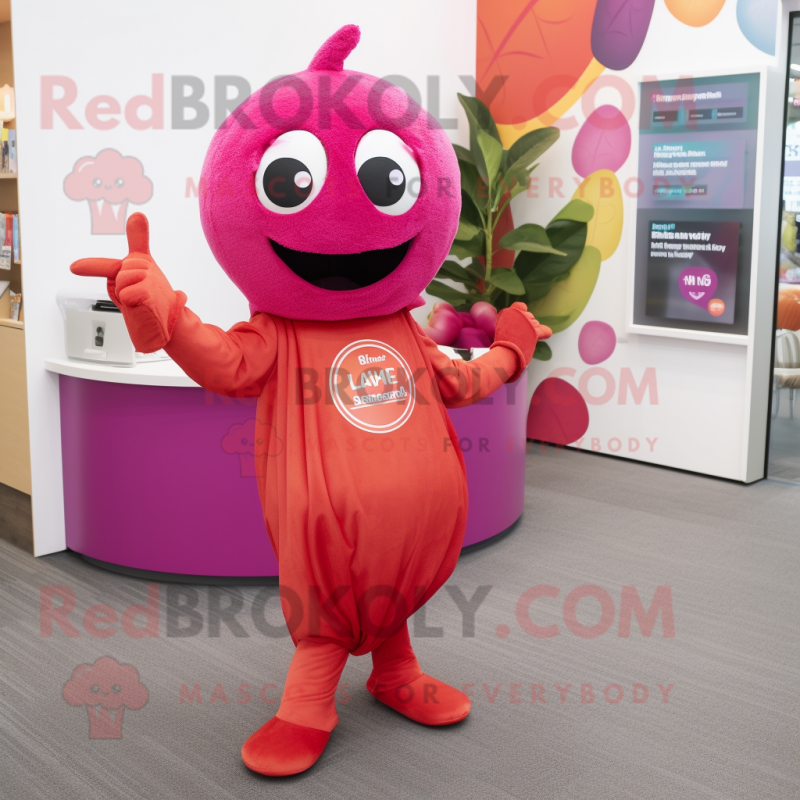 Magenta Apricot mascot costume character dressed with a Playsuit and Shawl pins Magenta Apricot mascot costume character dressed with a Playsuit and Shawl pins