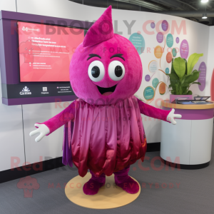 Magenta Apricot mascot costume character dressed with a Playsuit and Shawl pins