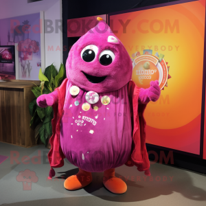 Magenta Apricot mascot costume character dressed with a Playsuit and Shawl pins