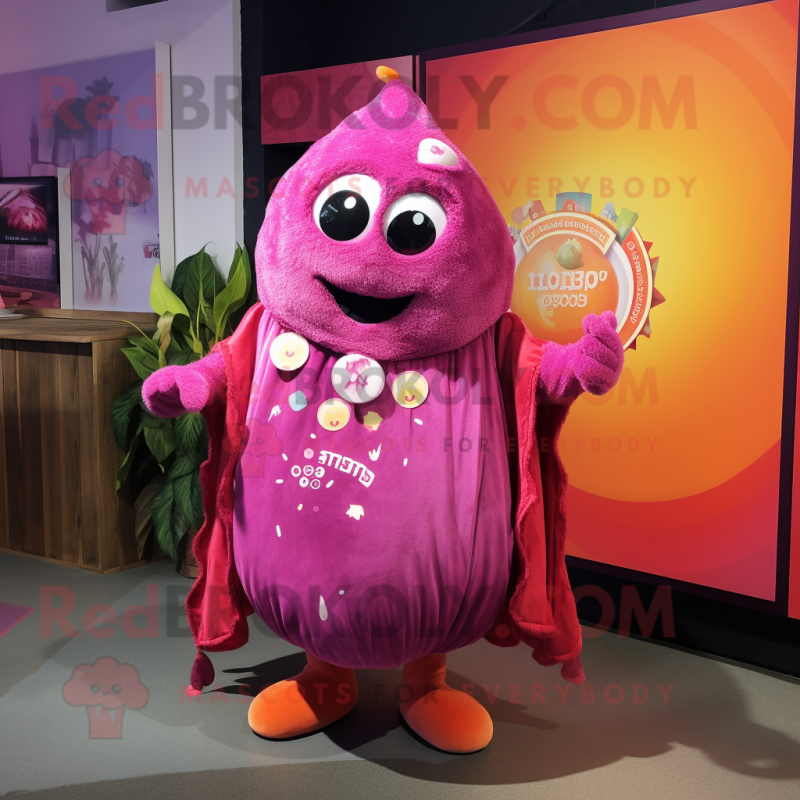 Magenta Apricot mascot costume character dressed with a Playsuit and Shawl pins Magenta Apricot mascot costume character dressed with a Playsuit and Shawl pins