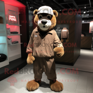 Brown Puma mascot costume character dressed with a Cargo Shorts and Beanies