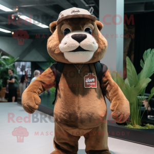 Brown Puma mascot costume character dressed with a Cargo Shorts and Beanies