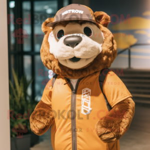 Brown Puma mascot costume character dressed with a Cargo Shorts and Beanies