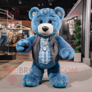 Blue Teddy Bear mascot costume character dressed with a Flannel Shirt and Necklaces